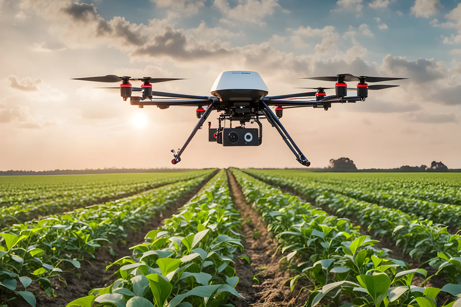 Drohne mit Kamera fliegt über einem Feld und nimmt Bilder für die KI-Analyse auf